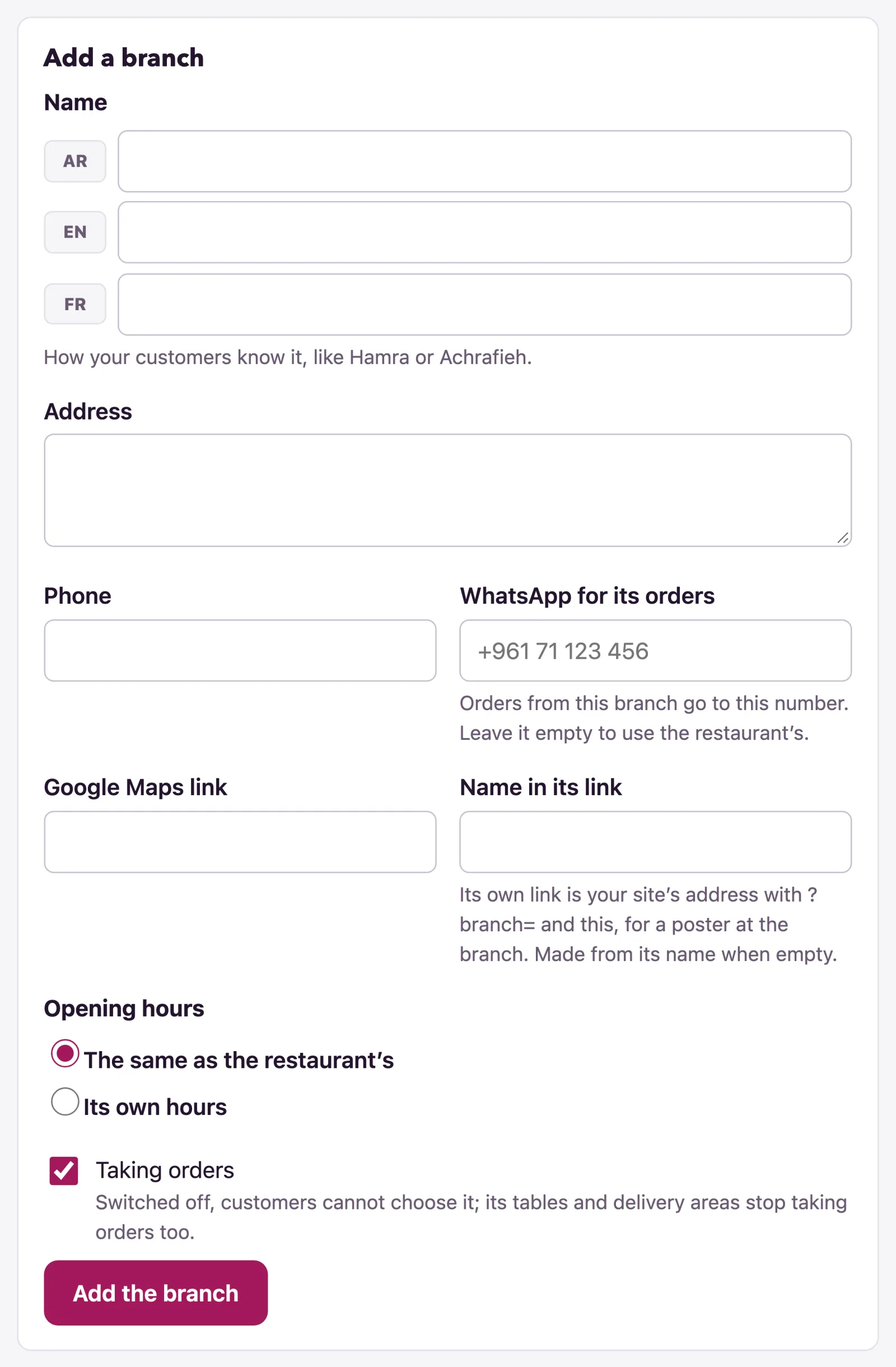 The form for a branch: name, address, WhatsApp, link, its own hours and whether it takes orders