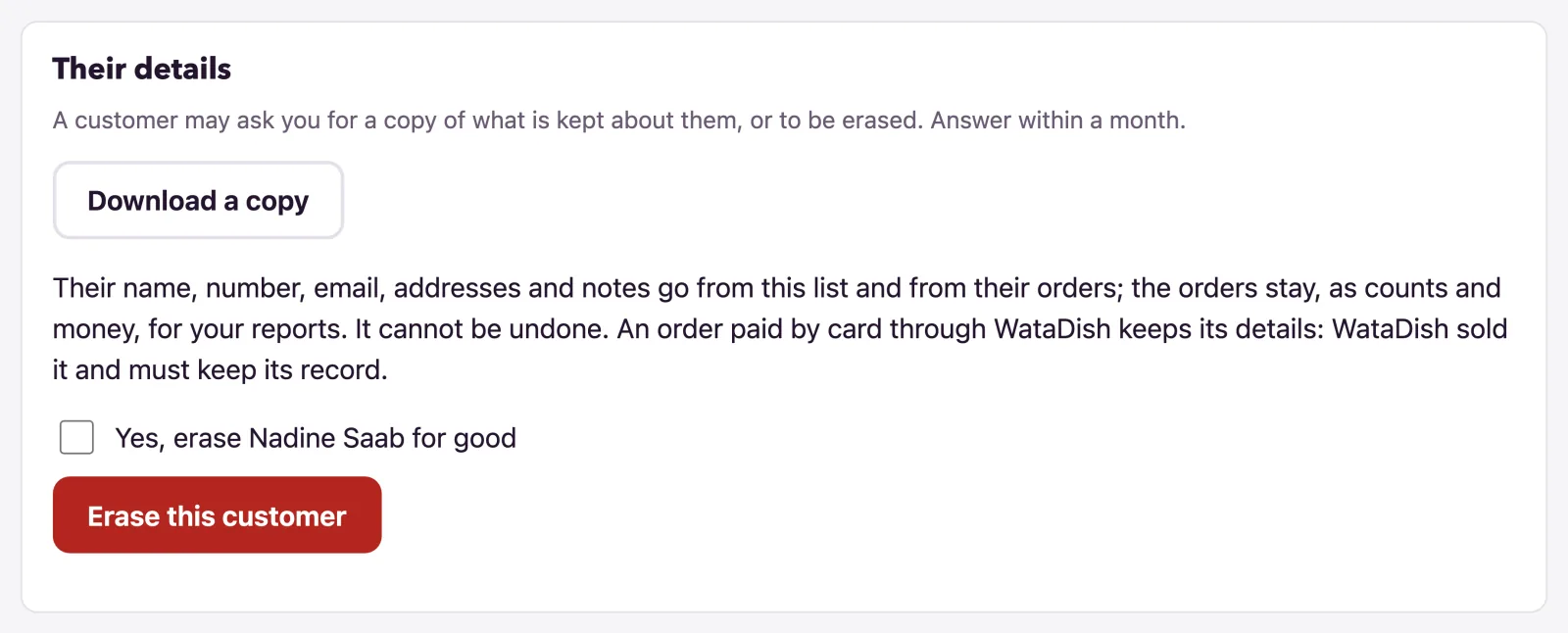 The card named Their details holds the copy to download and the owner's erase form.