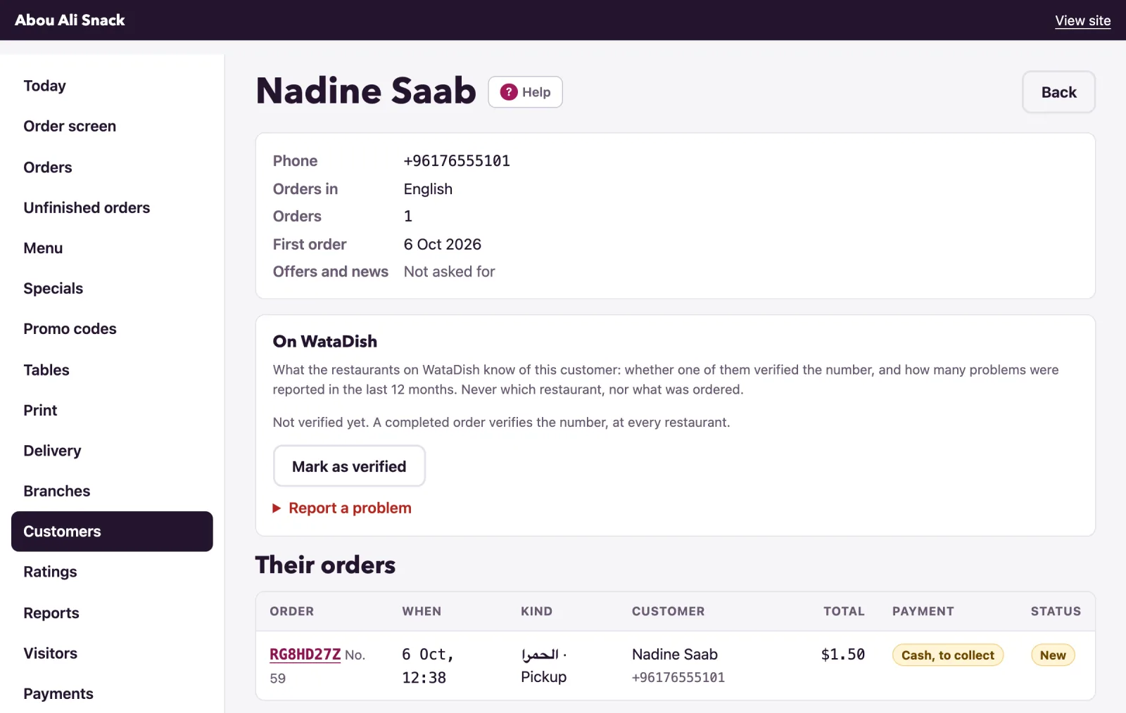 A customer's page shows their details first, then every order of theirs.