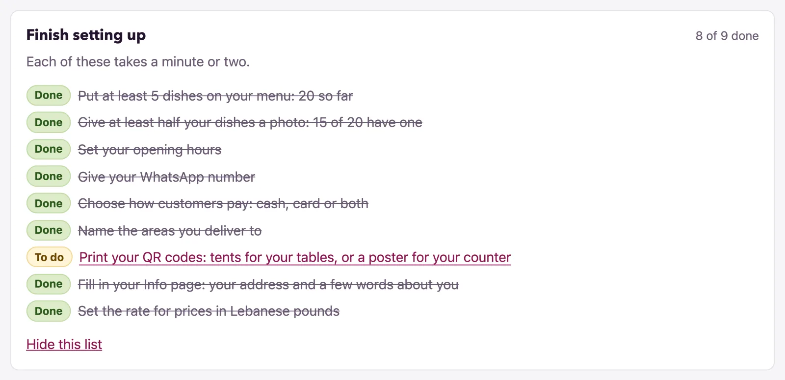 The set-up list, each step done or still to do, each a link to the page that does it