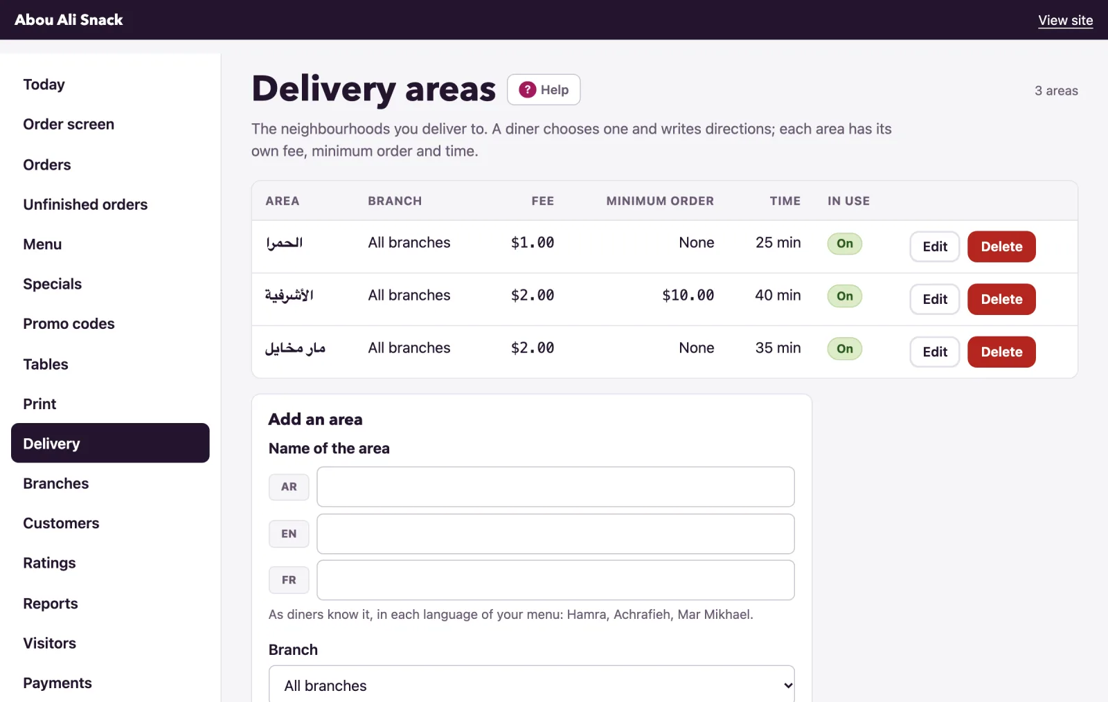 The Delivery page: each area with its fee, minimum order, time and whether it is in use