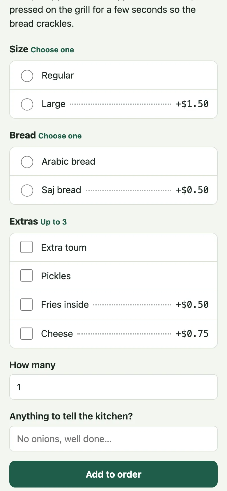 A dish's page on a phone asks each group as a question, with the price change beside each choice.
