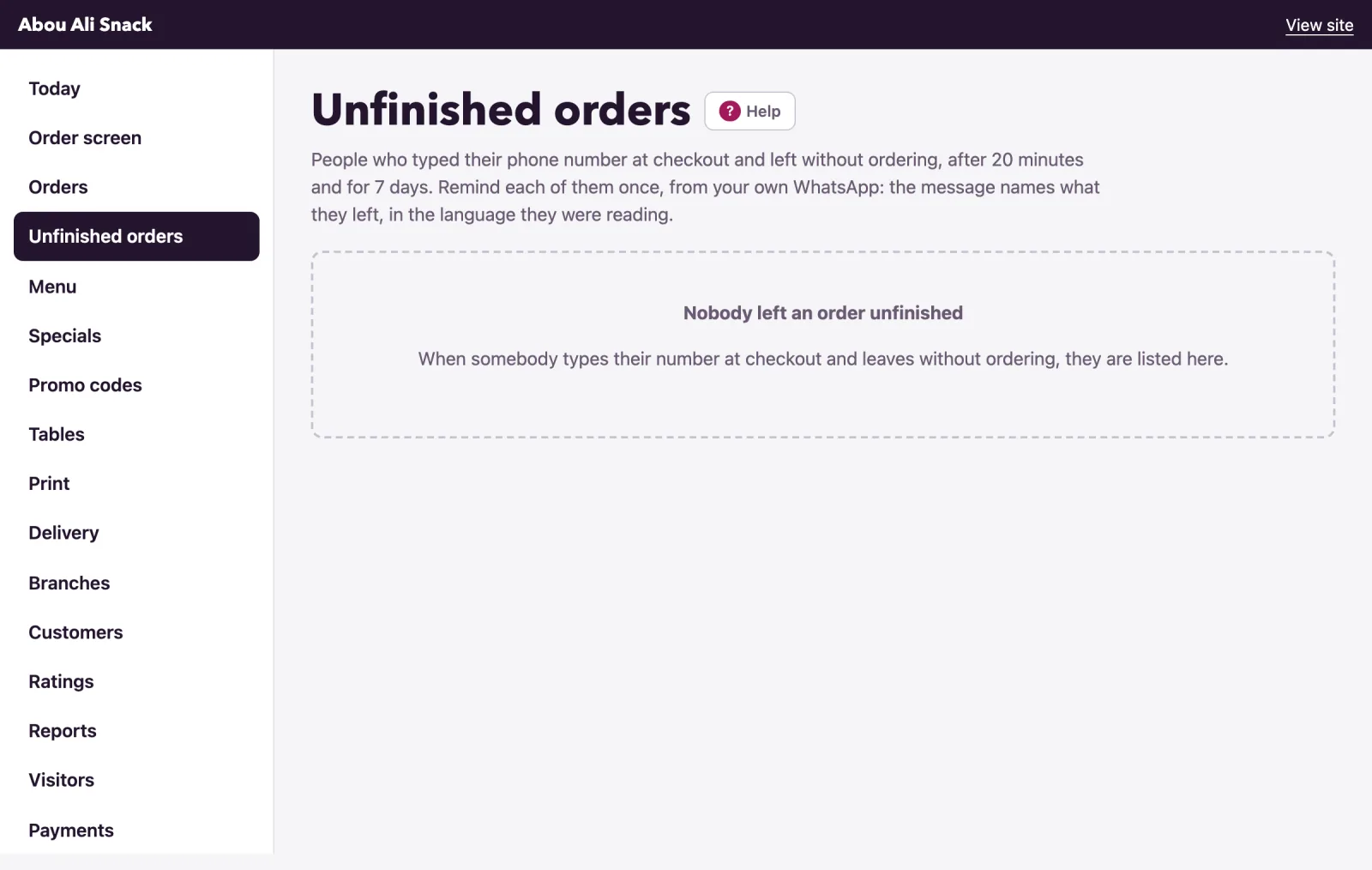 The Unfinished orders page lists who left what, newest first.