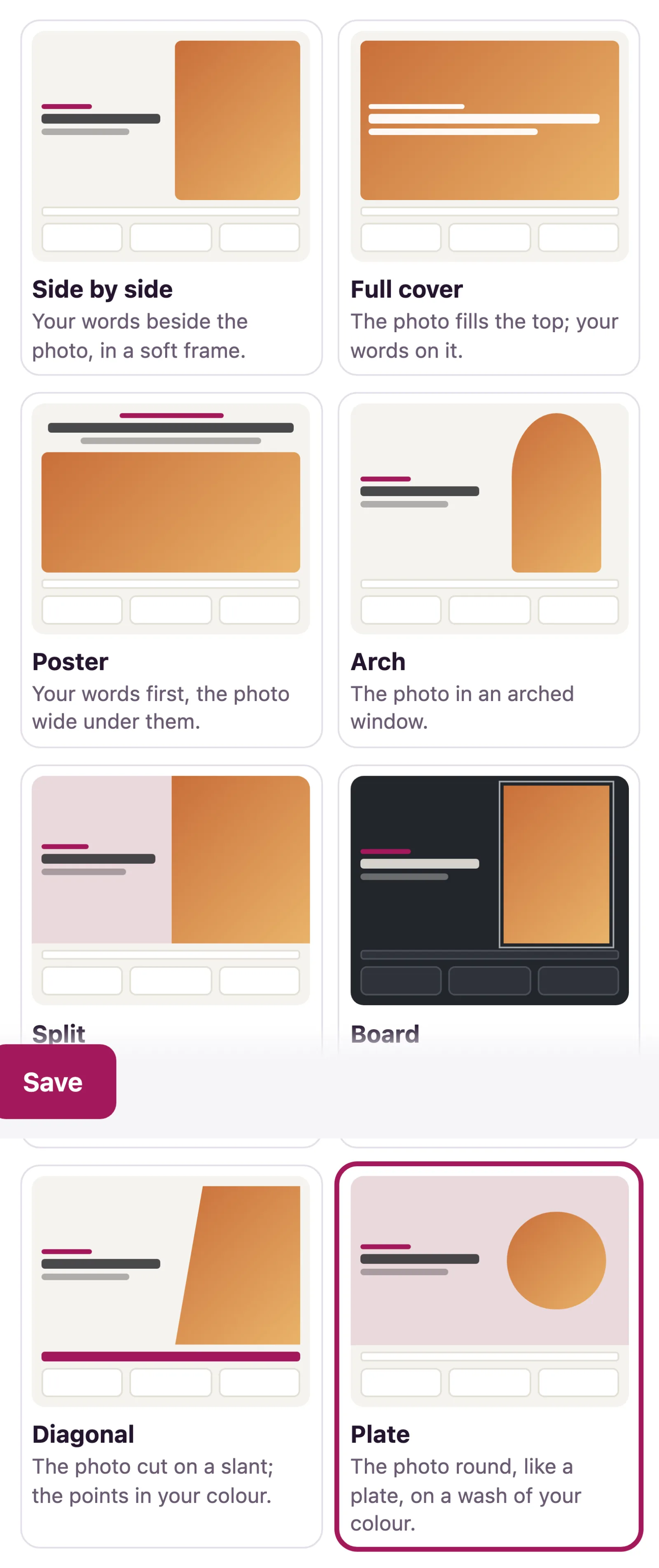 Each of the eight templates cuts the top of the page differently.