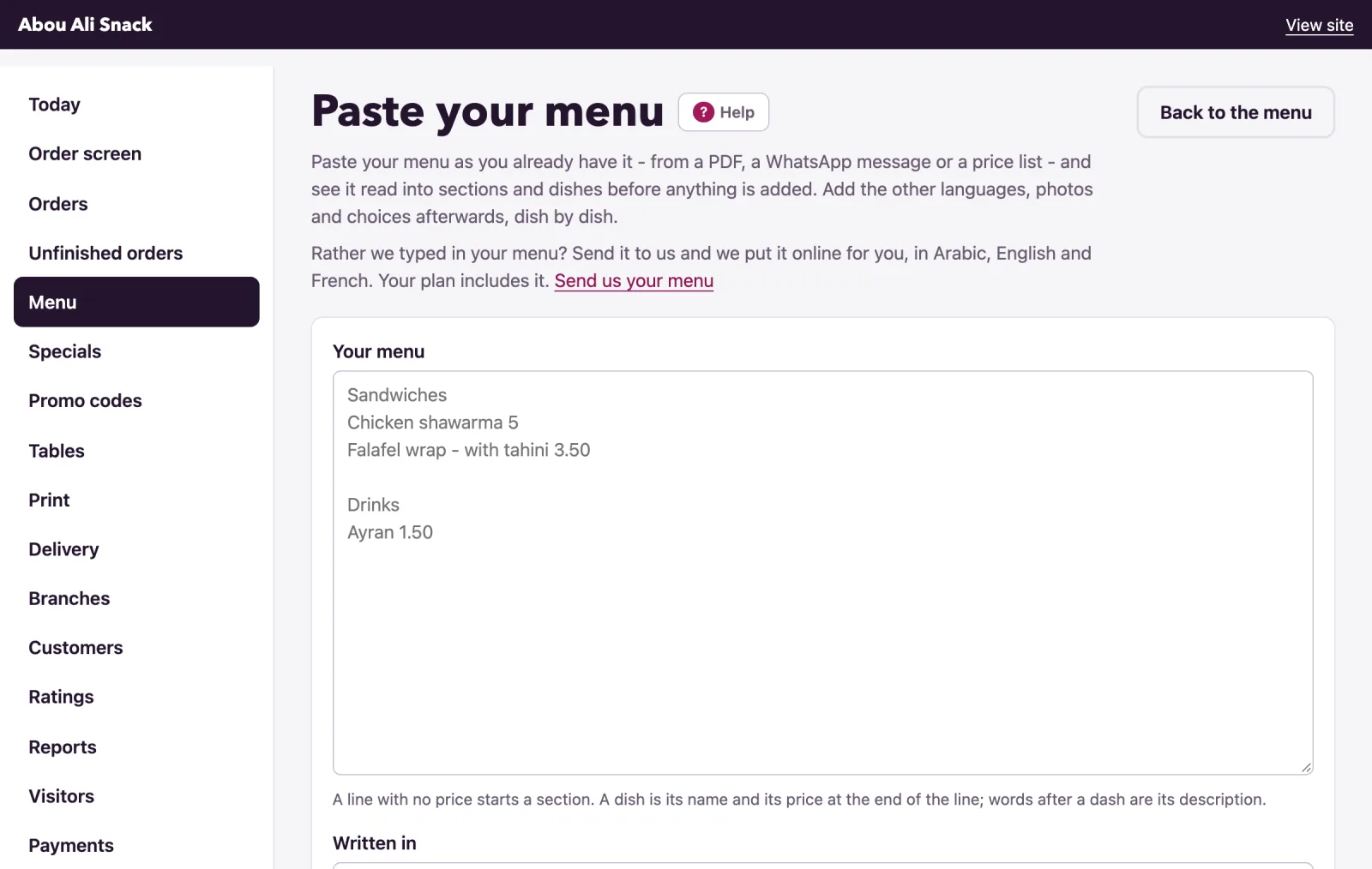 The Paste your menu page has the box for your text, the language it is written in, and Read it.