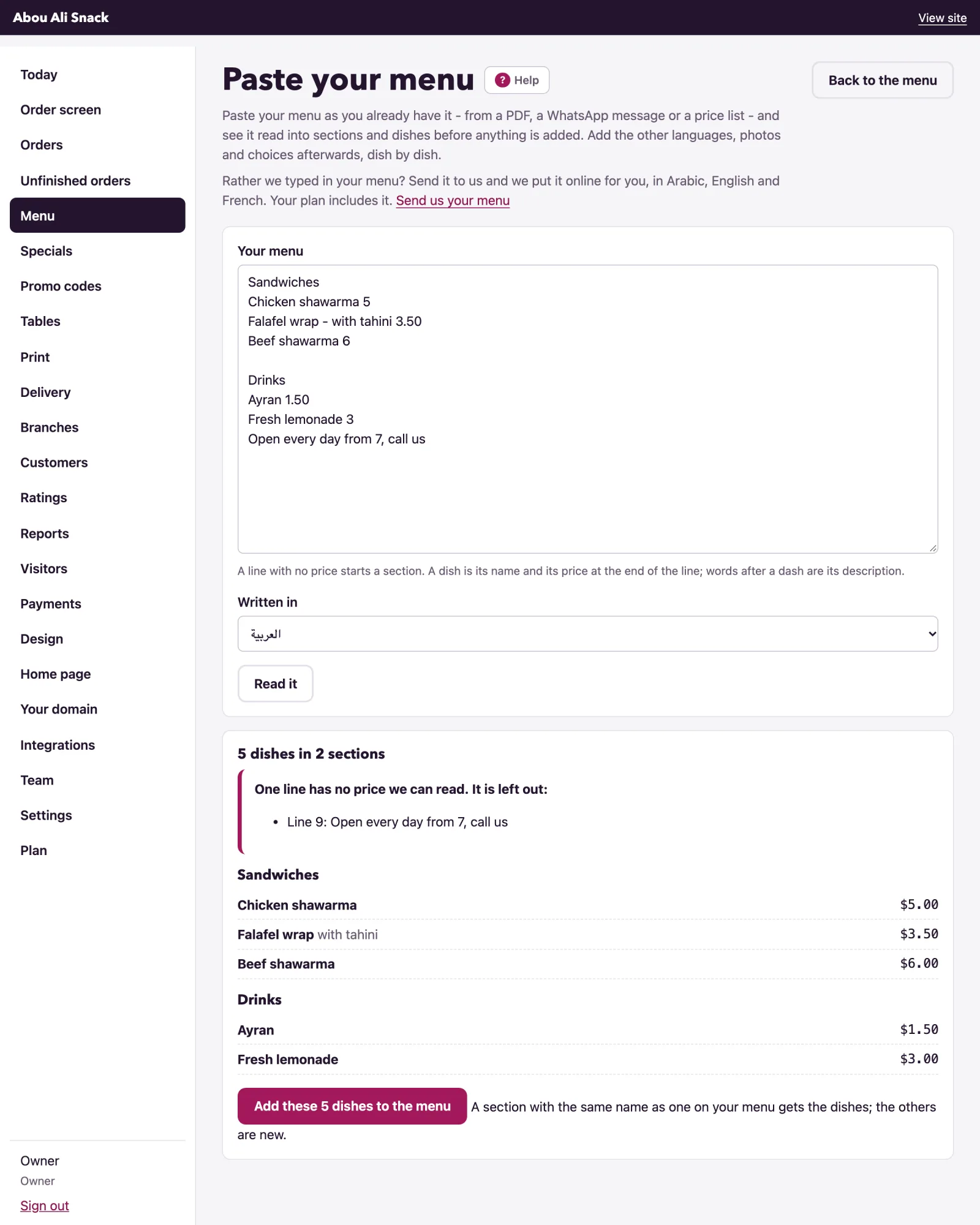 The page shows what the text was read as, sections with their dishes and prices, before anything is added.