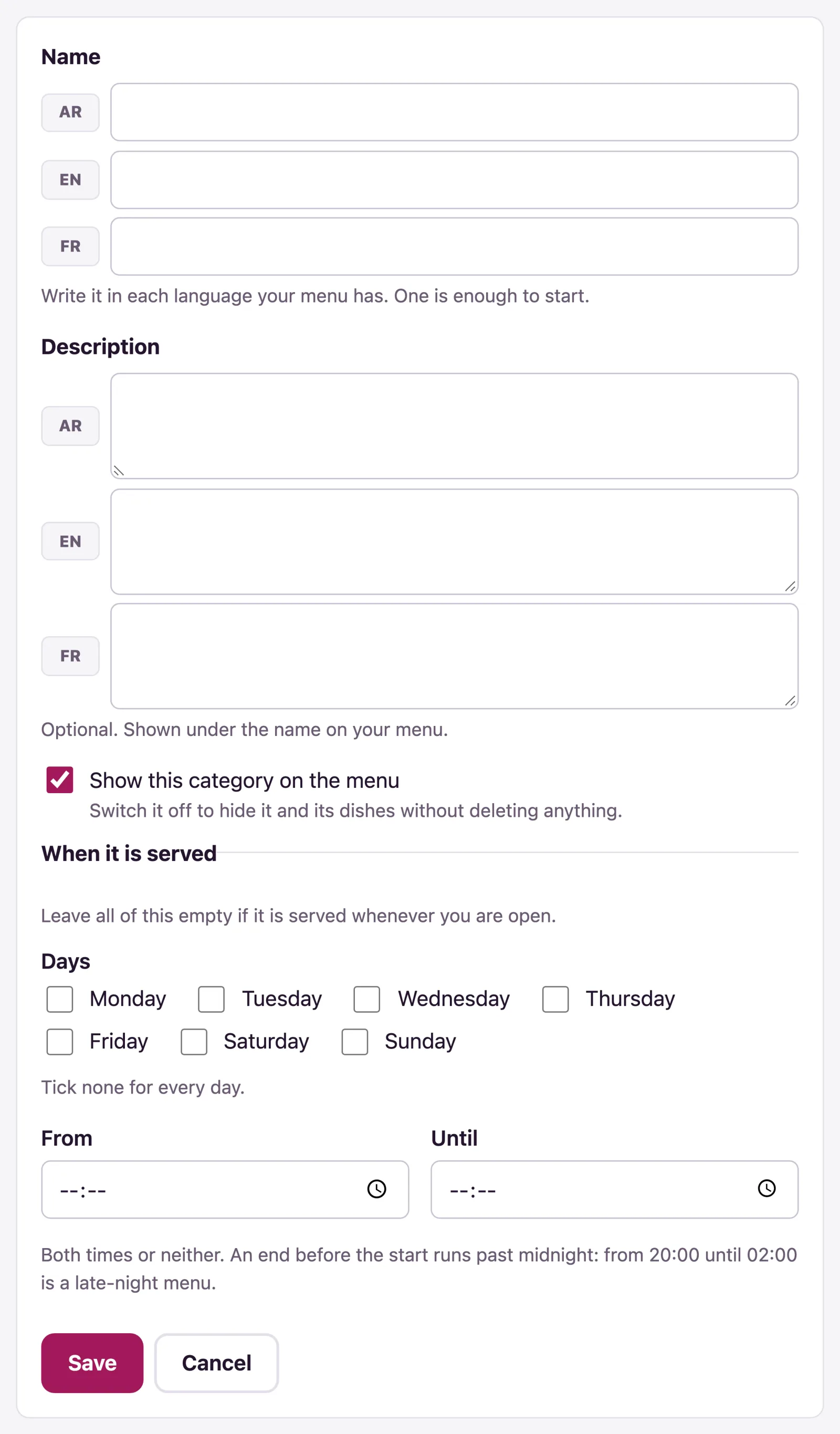 The category form takes its name in each language and when it is served.