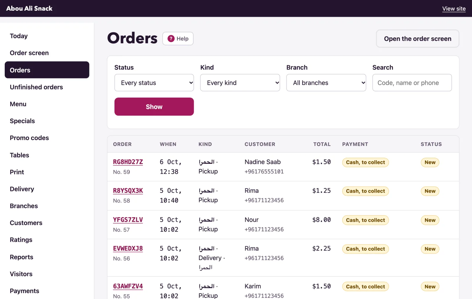 The orders list has its filters across the top.