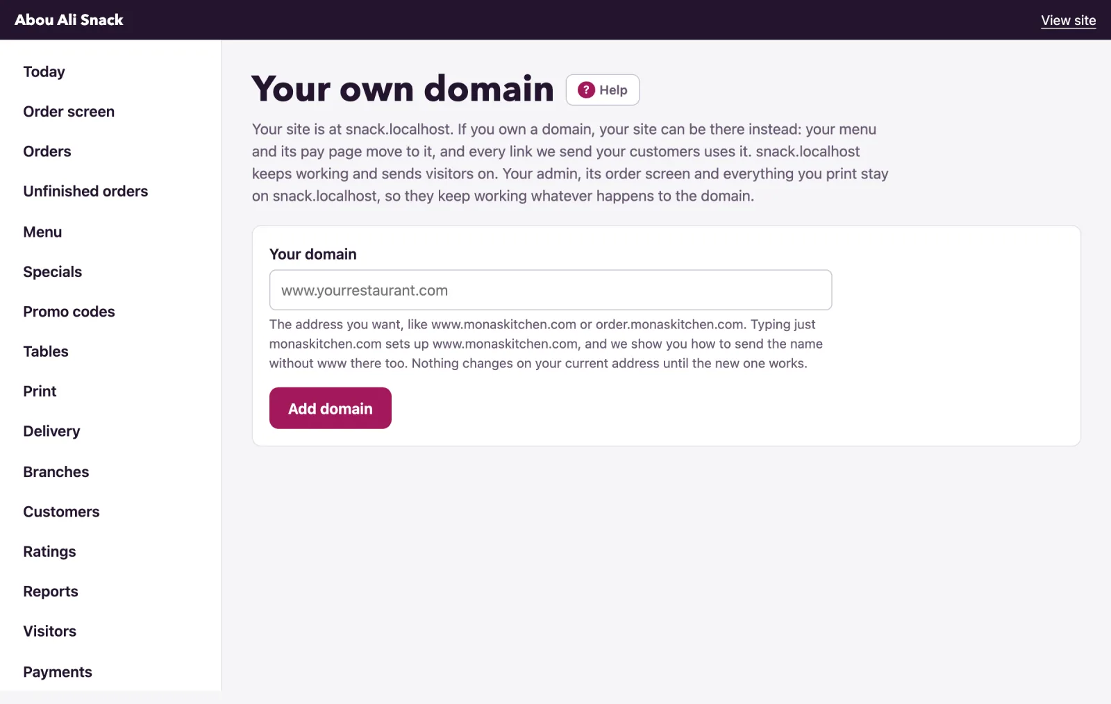 The domain page names the address your site lives at.