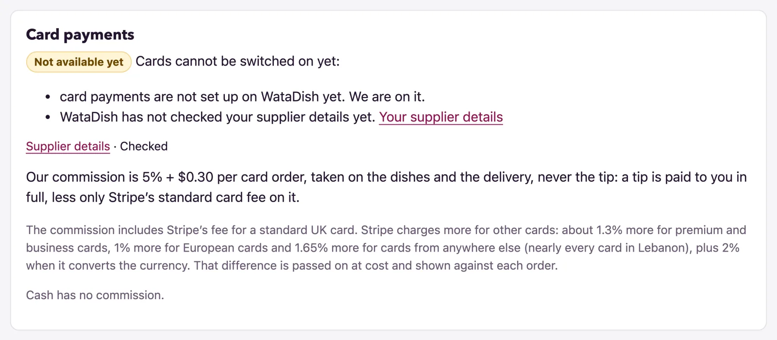 The Card payments card shows its state and the switch.