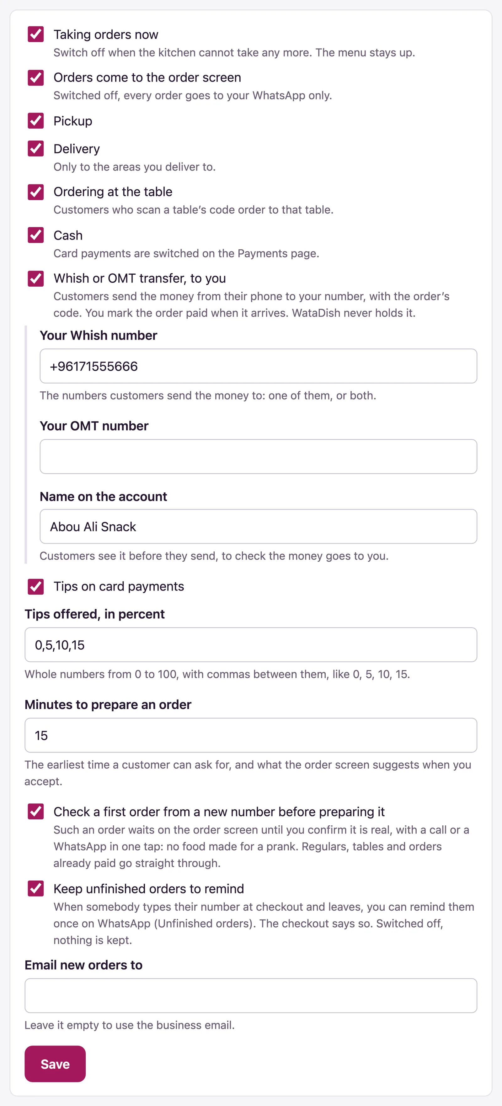 The Ordering tab of Settings holds the Cash and transfer switches.