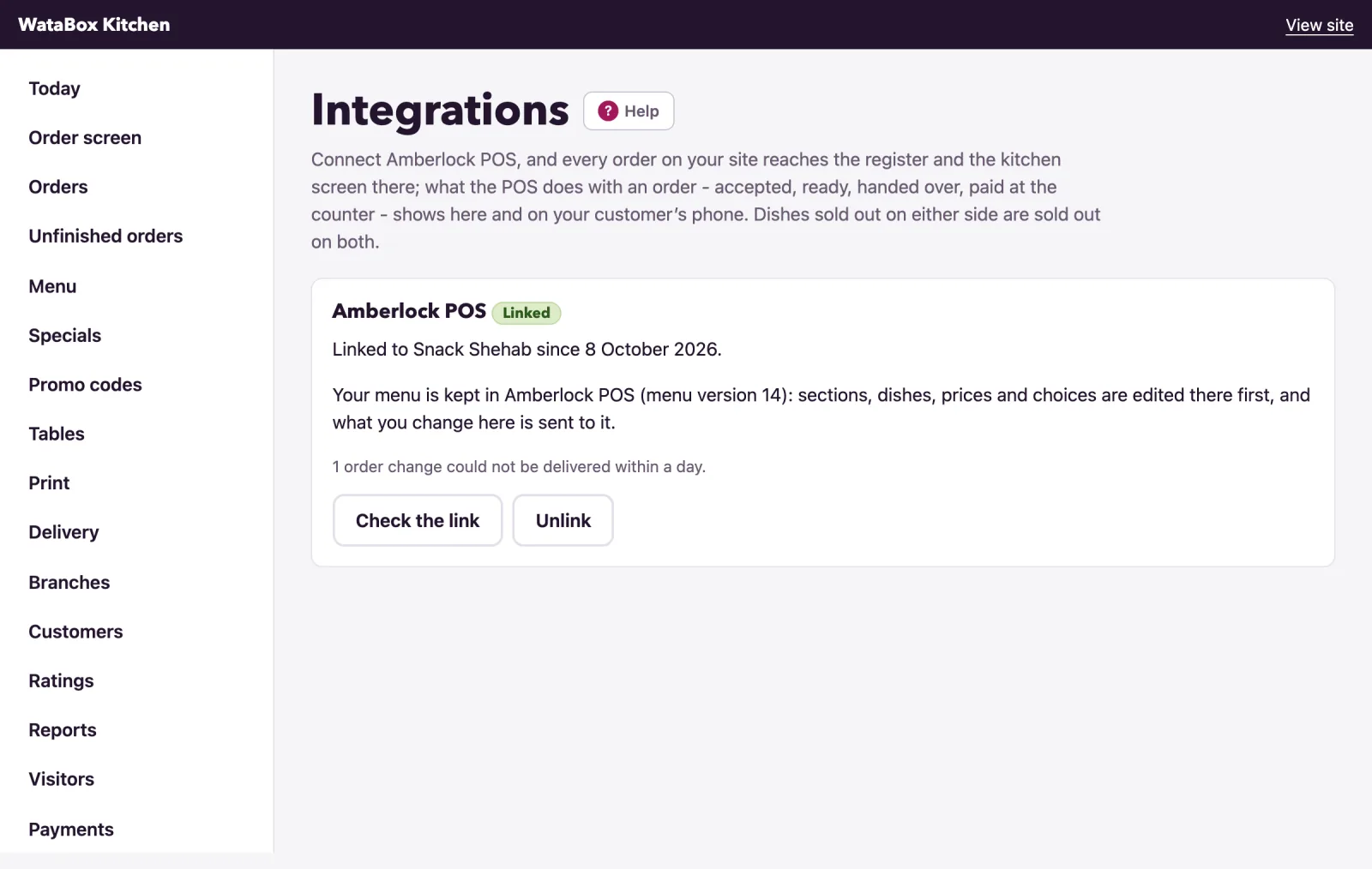 The linked POS is shown with Check the link and Unlink.