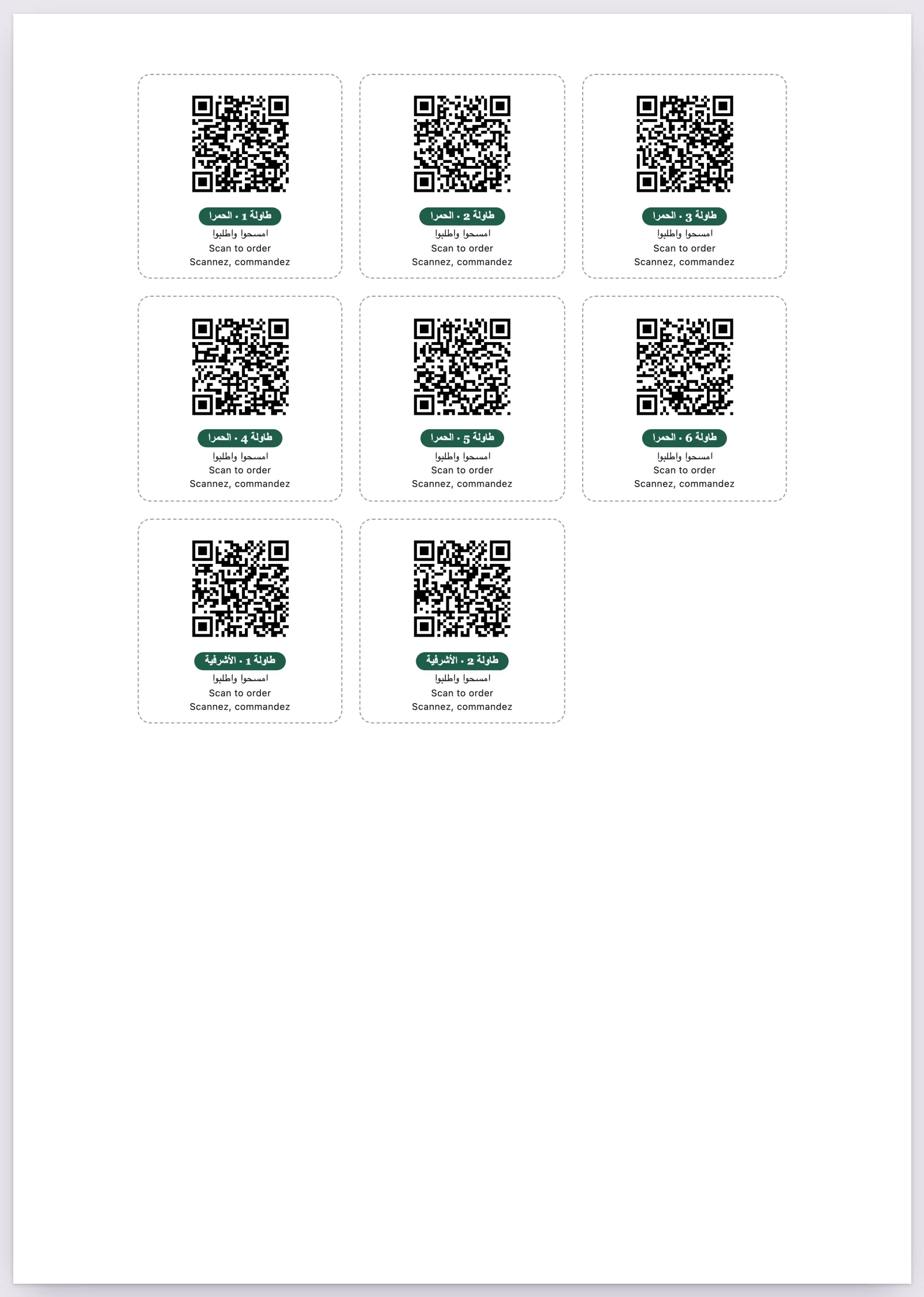 A sheet of stickers for the tables, one for each table in use