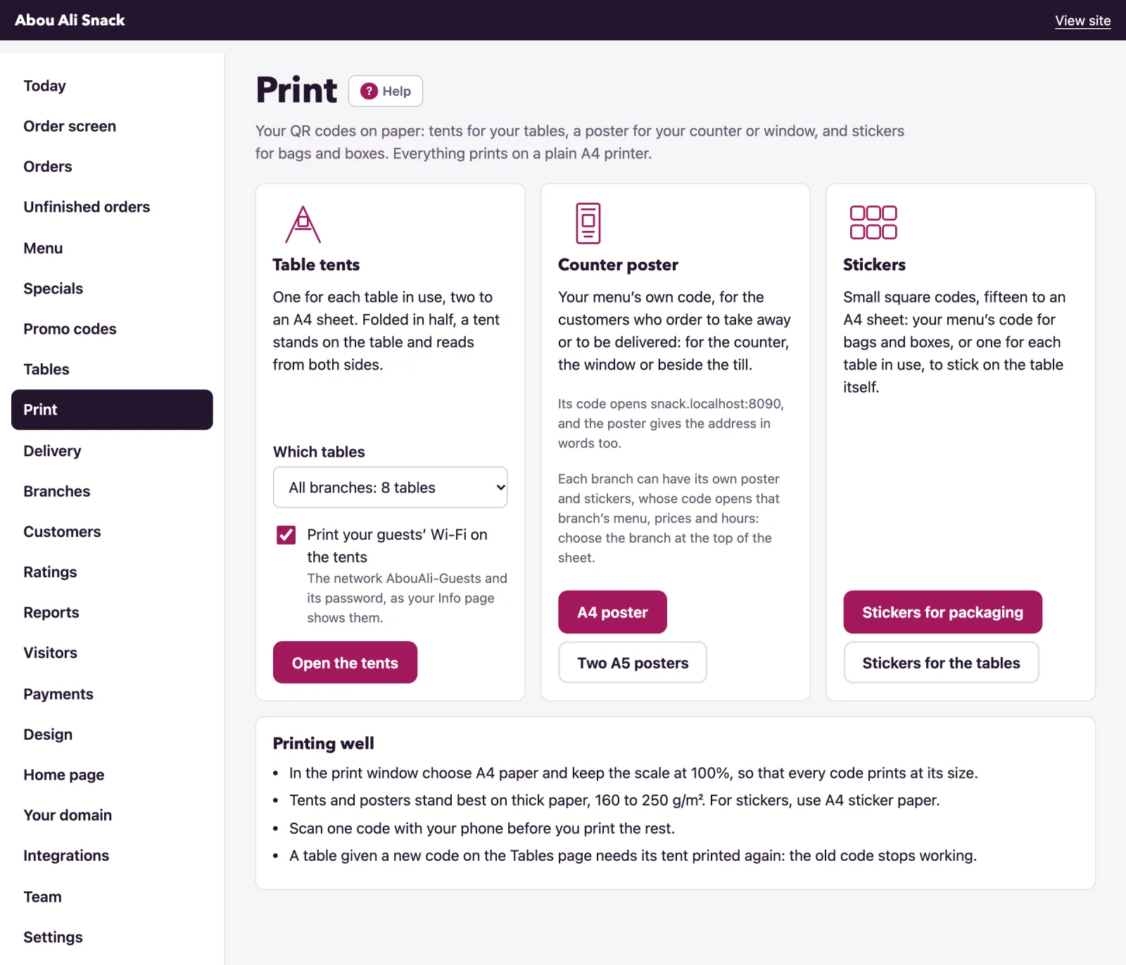 The Print page: table tents, the counter poster and the stickers, each with its own button
