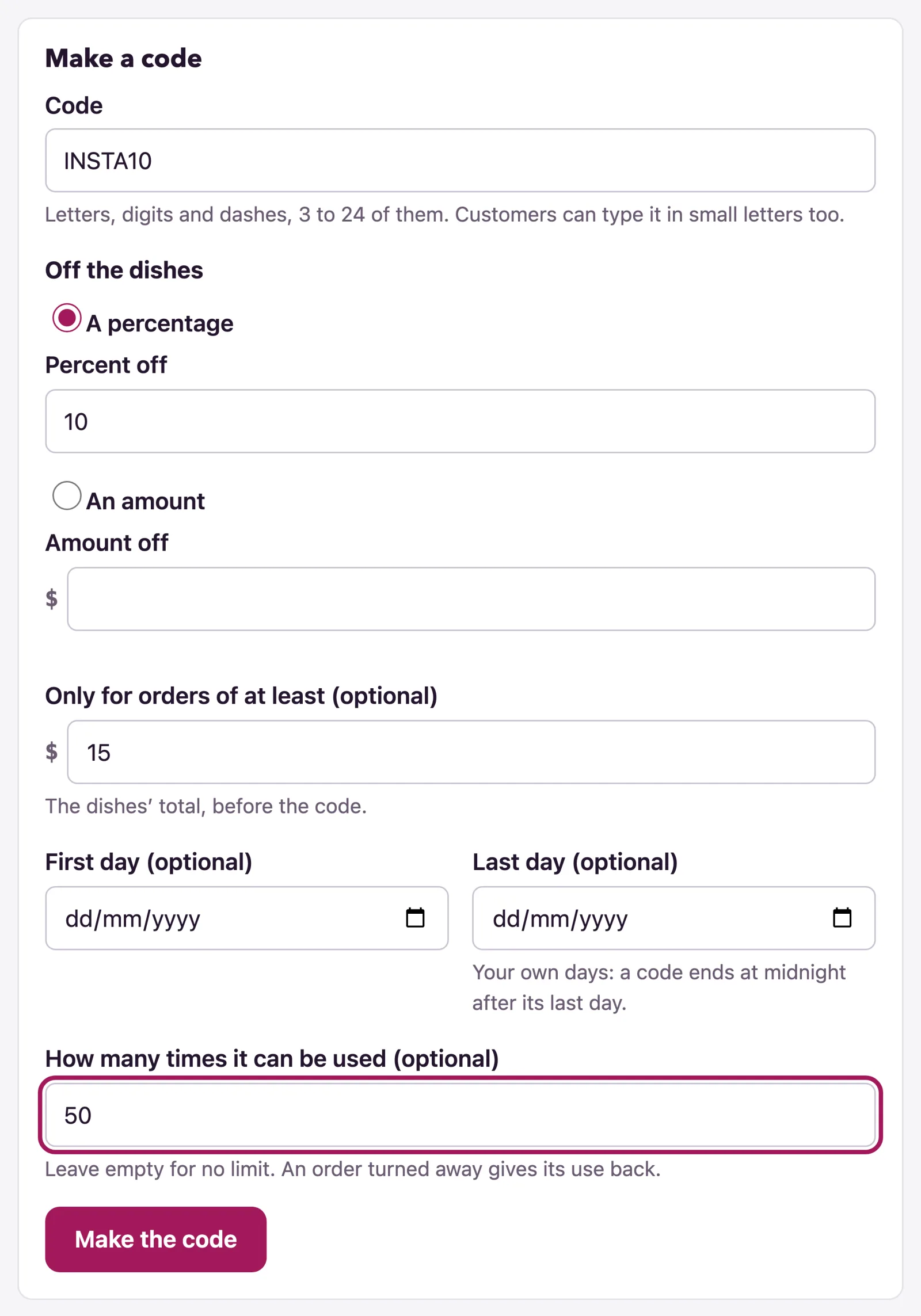 The form is filled in for a ten percent code.