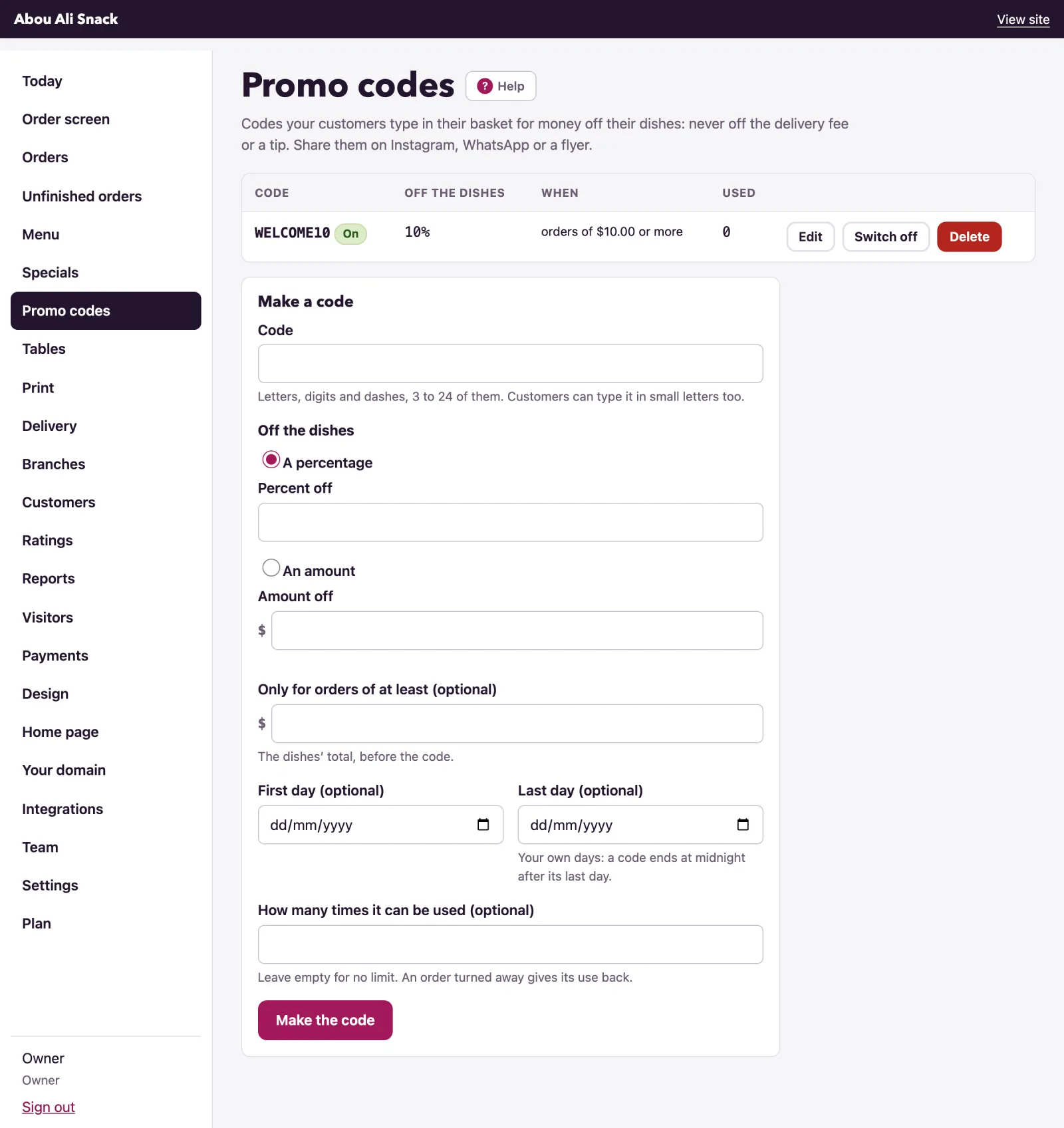 The promo codes page lists the codes above the form.