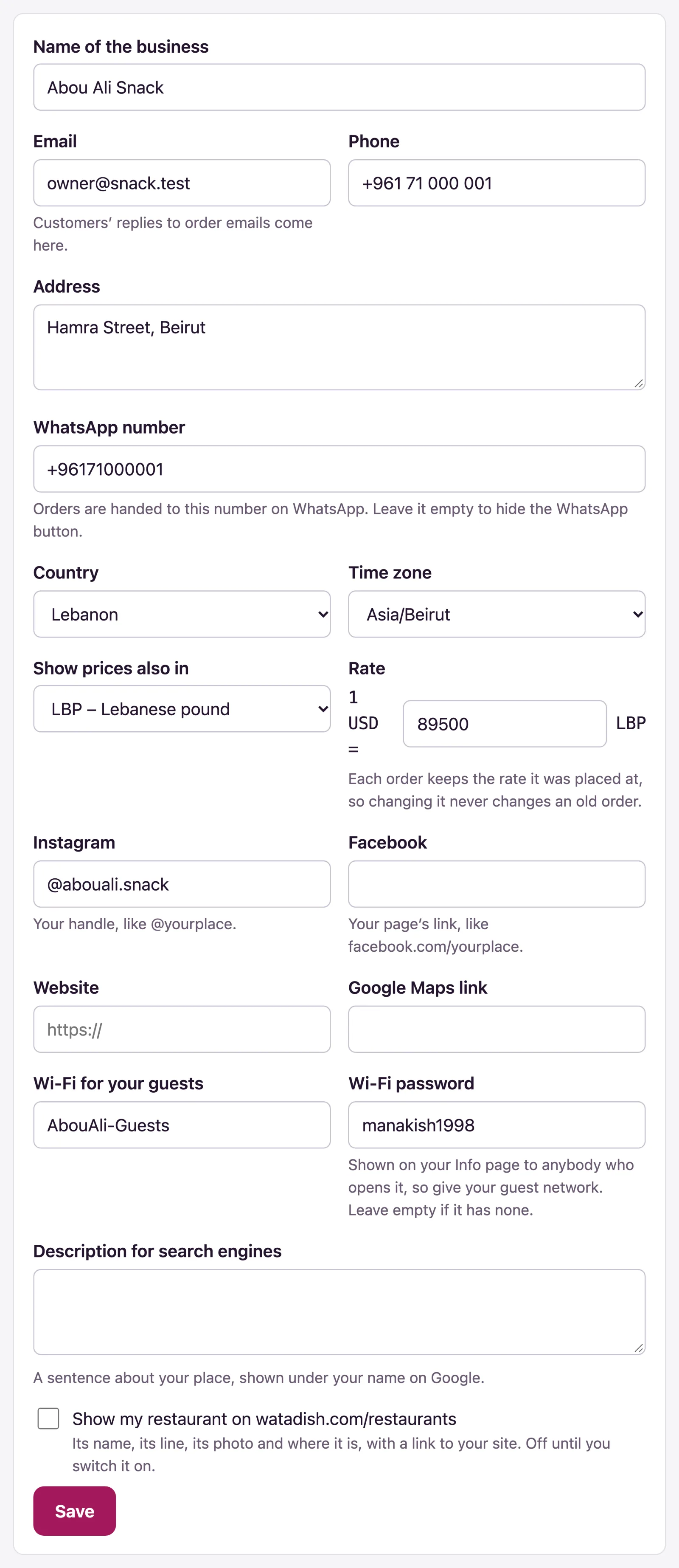 The Your business tab holds your details, links and currency.