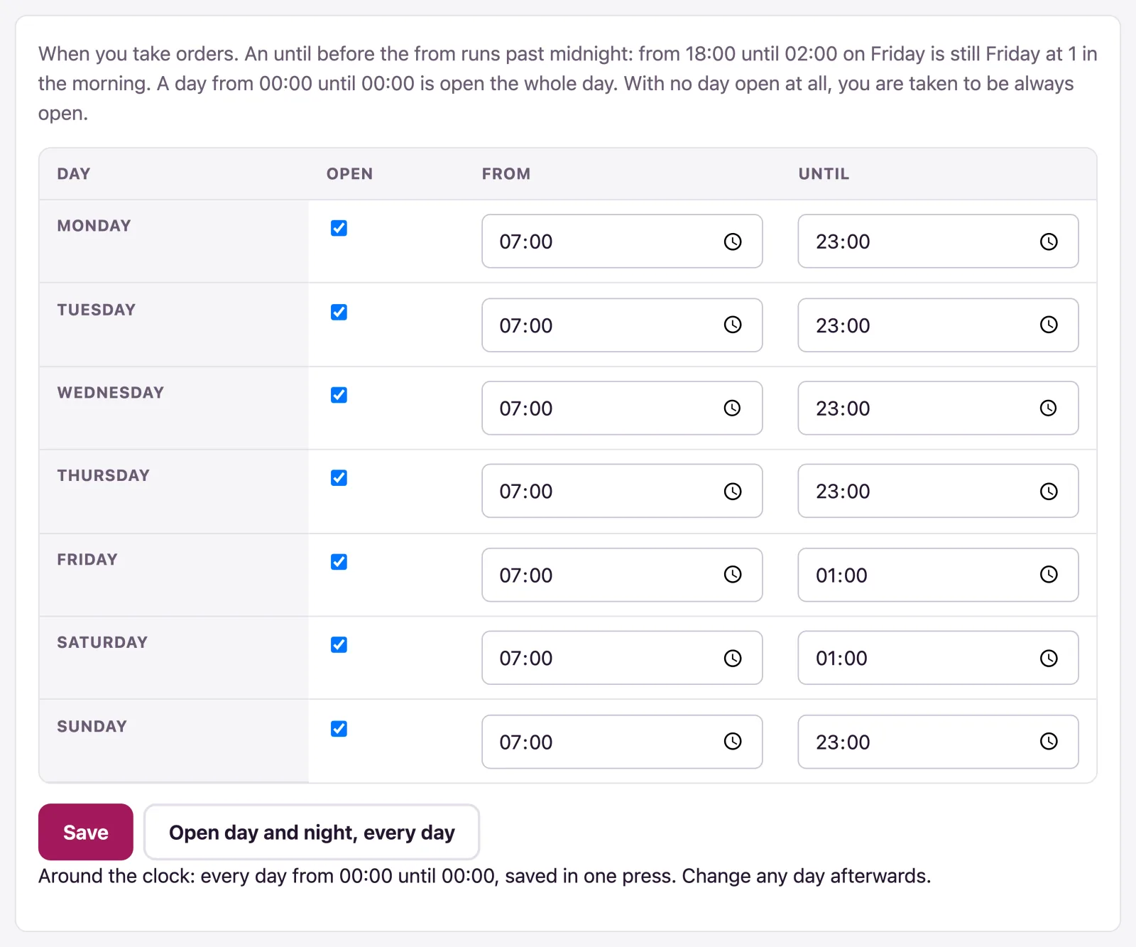 The Opening hours tab takes a From and an Until for each open day.