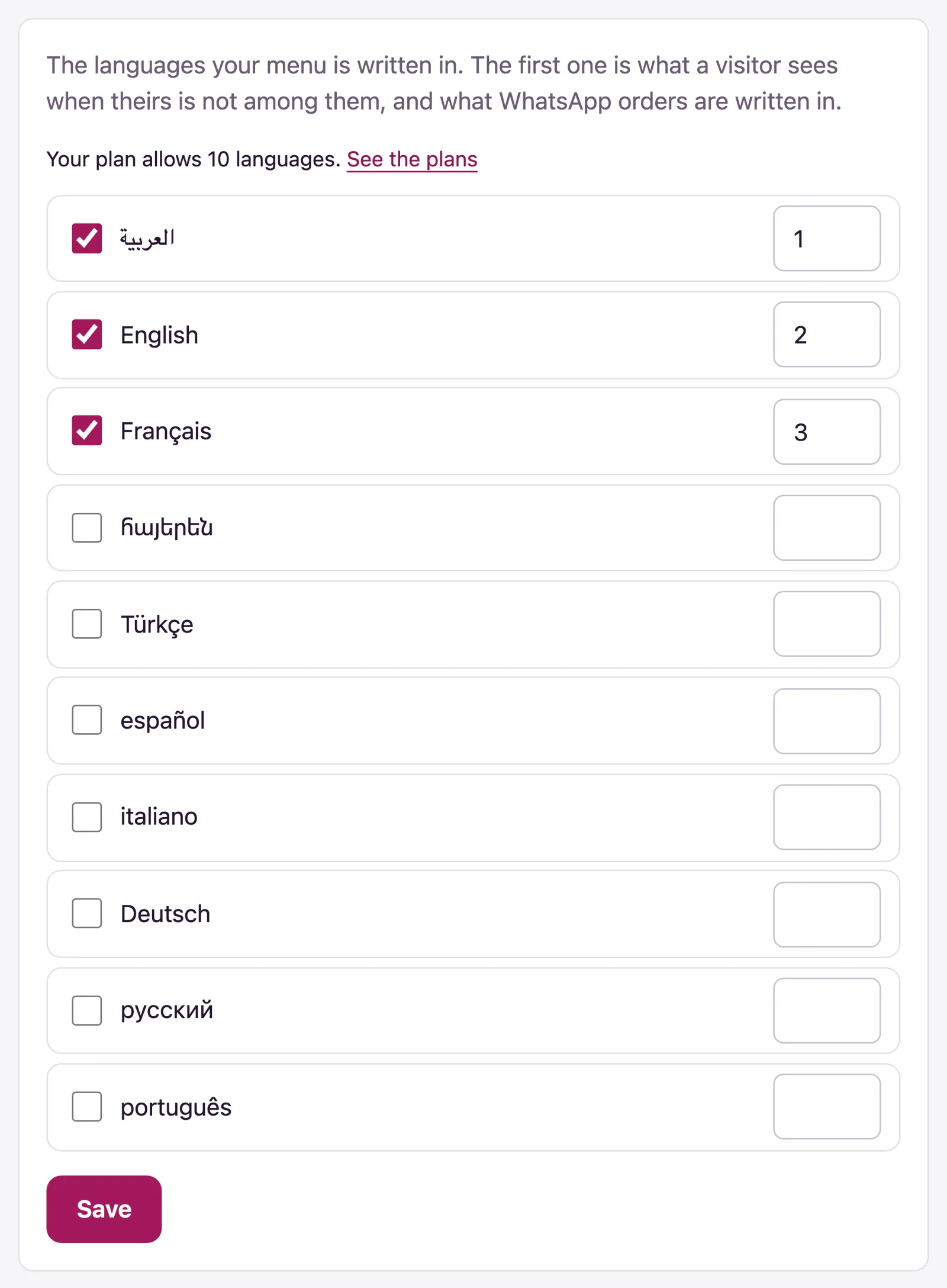 The Languages tab lists the languages your menu is written in, in order.