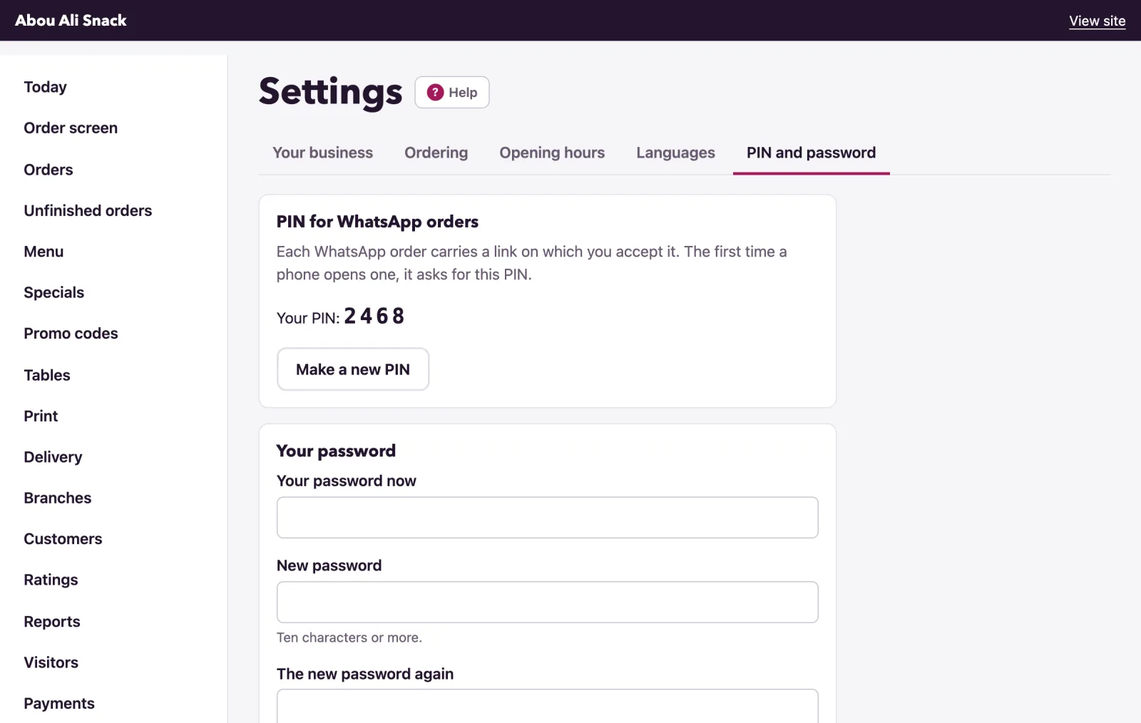The PIN and password tab shows your PIN and the password form.