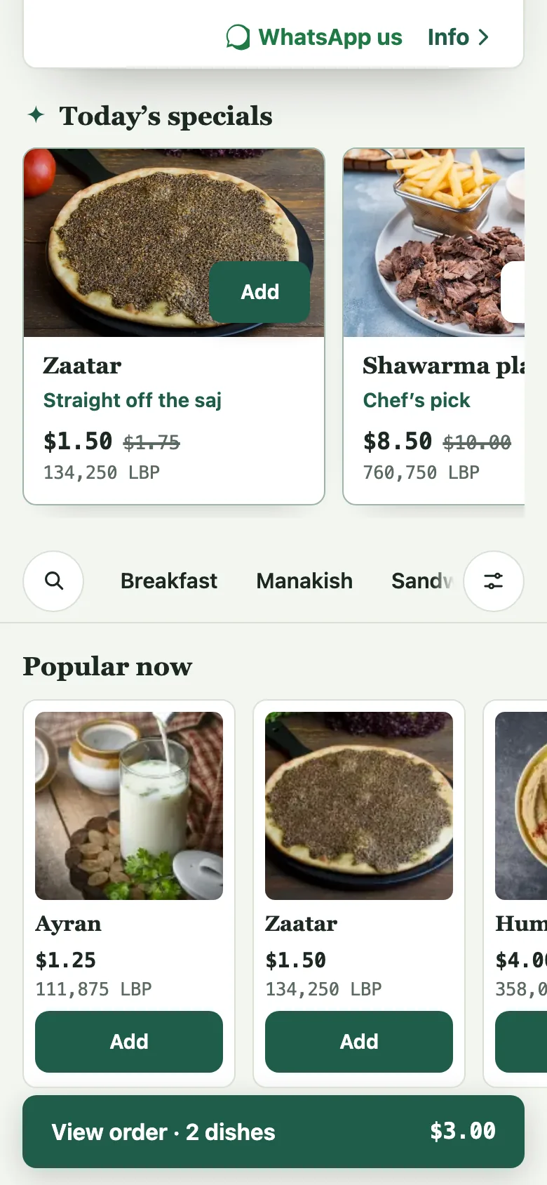 The strip of today's specials leads the menu on a phone, each with its price of the day.