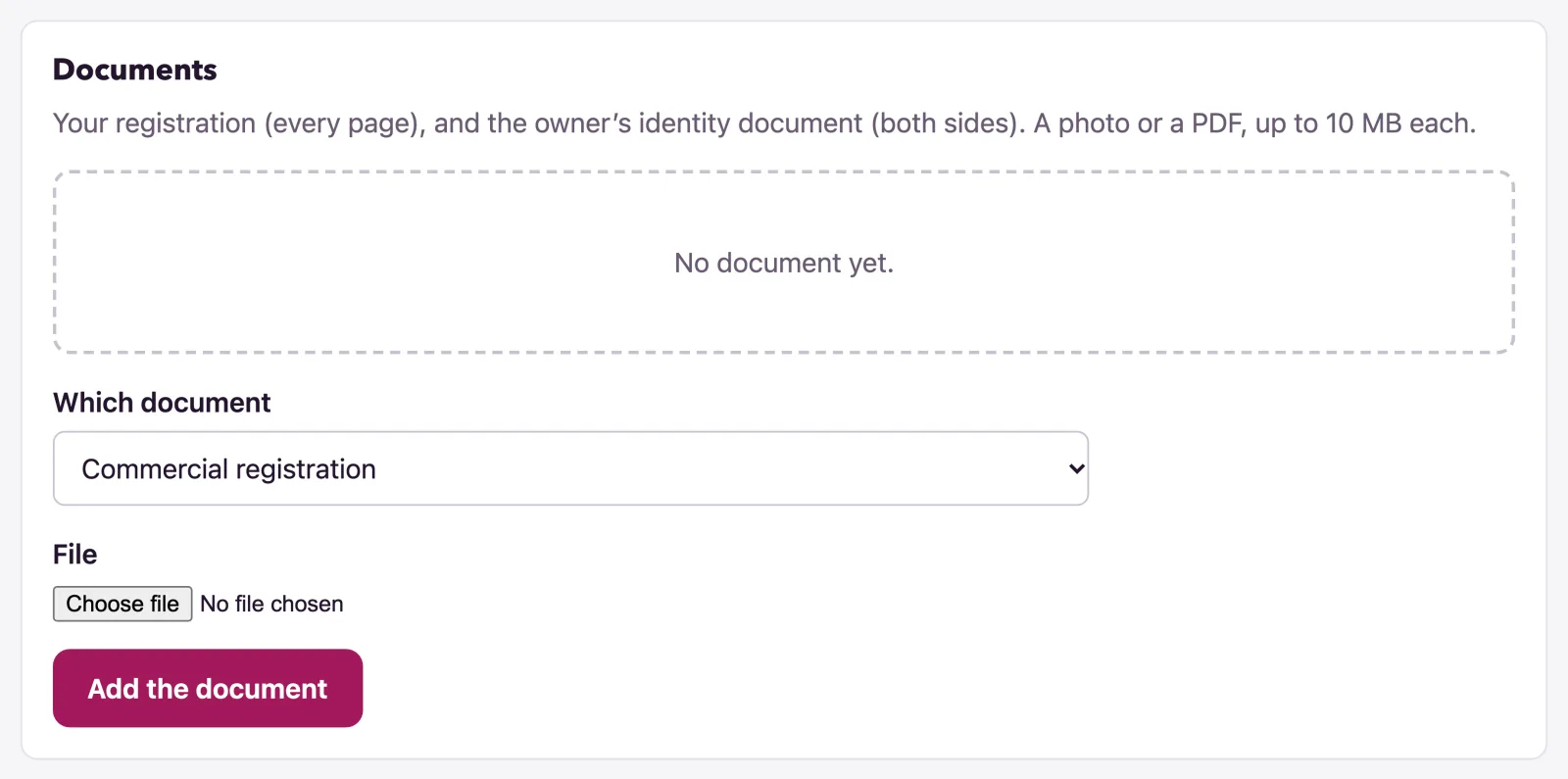 The documents are listed above the form to add one.