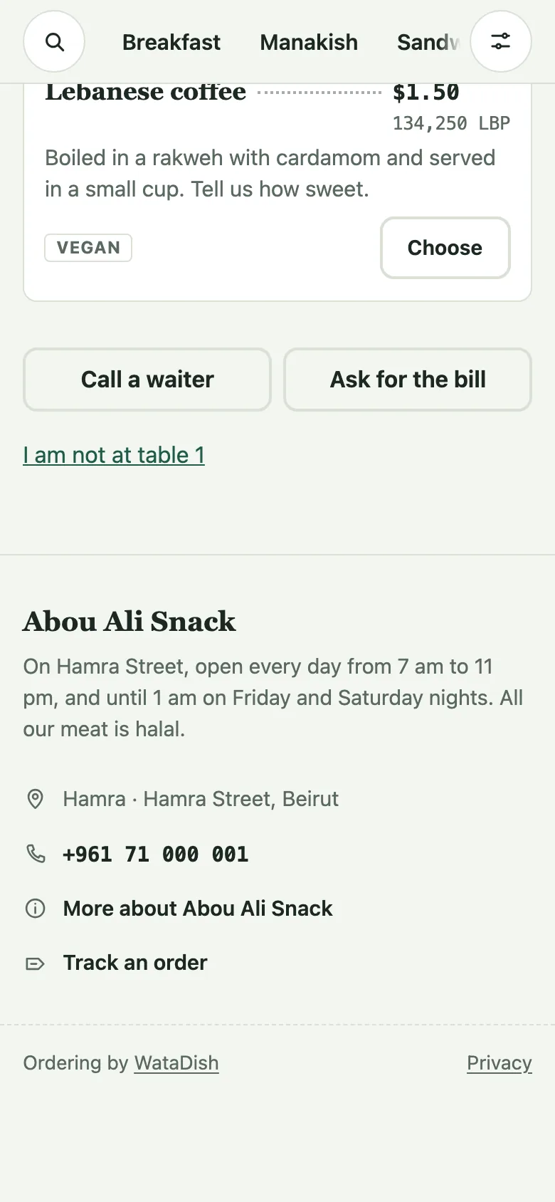 The buttons under the menu for a diner at a table: call a waiter, ask for the bill, leave the table