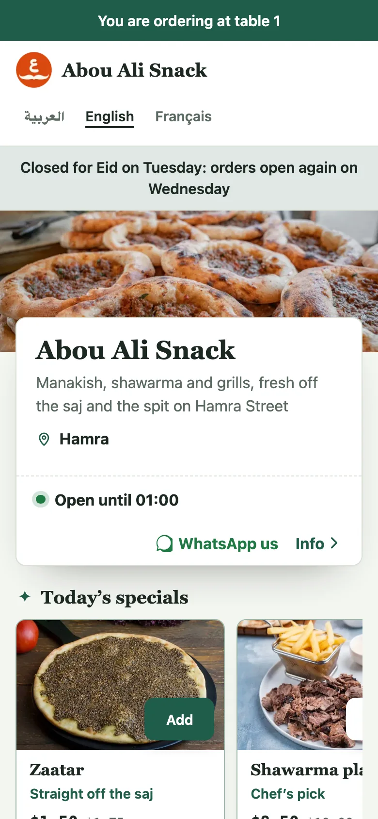 The menu as a diner who scanned table 1 sees it, with the table named across the top