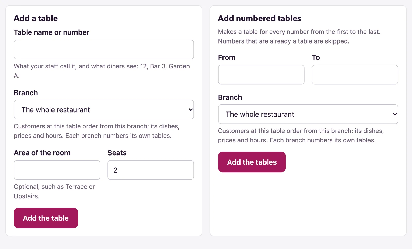 The two forms under the list: one table, or a run of numbered tables