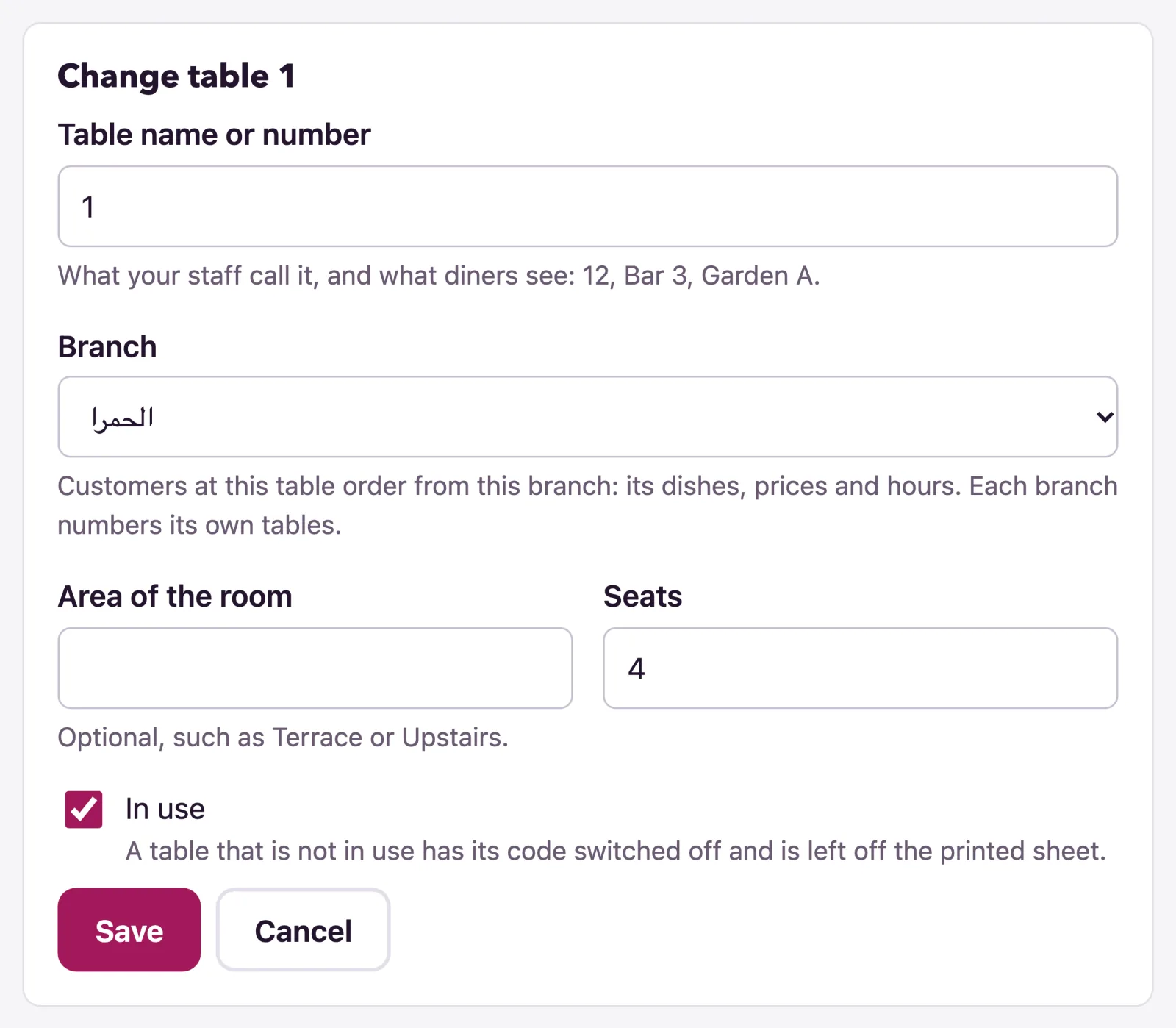 The form to change a table: its name, branch, area, seats and whether it is in use
