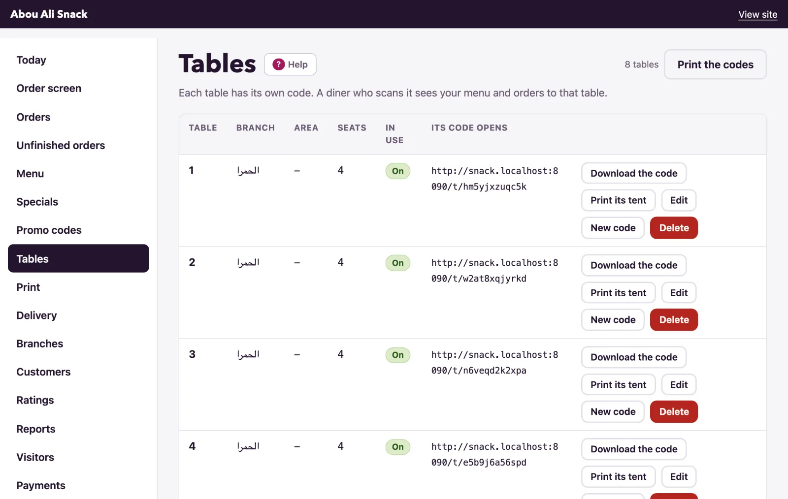 The Tables page: every table with its seats, whether it is in use, and what its code opens