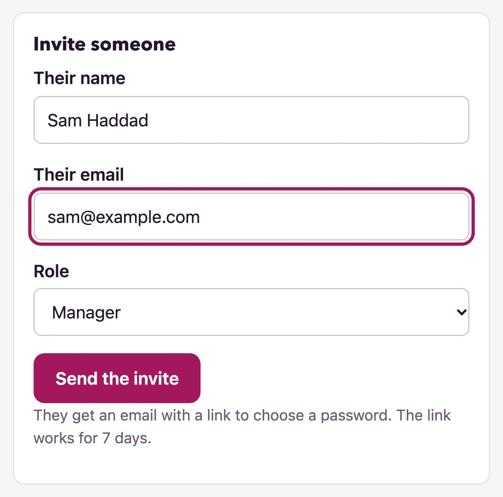 The invite form takes a name, an email and a role.