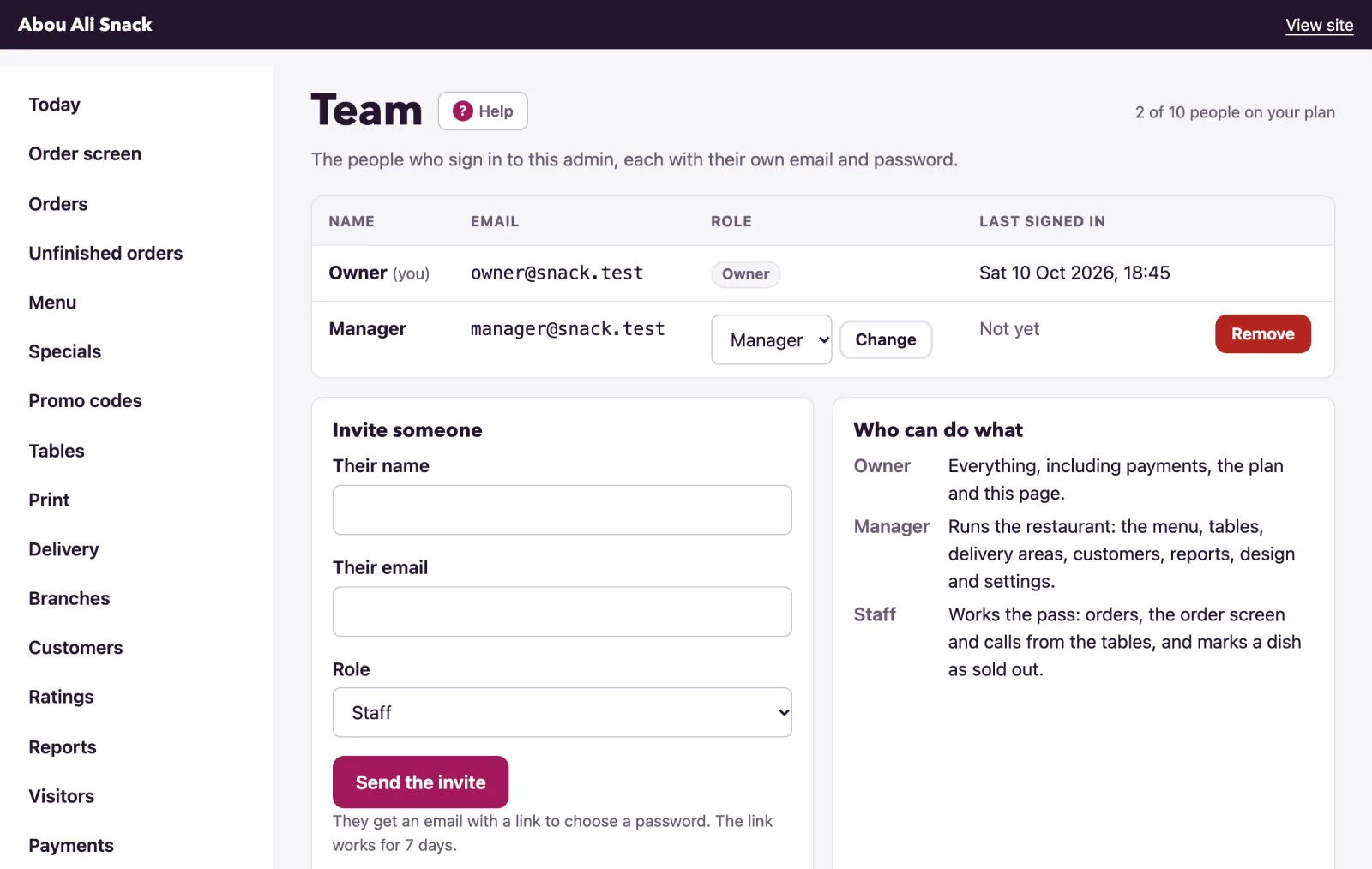 The Team page lists the people who sign in, with the invite form below.