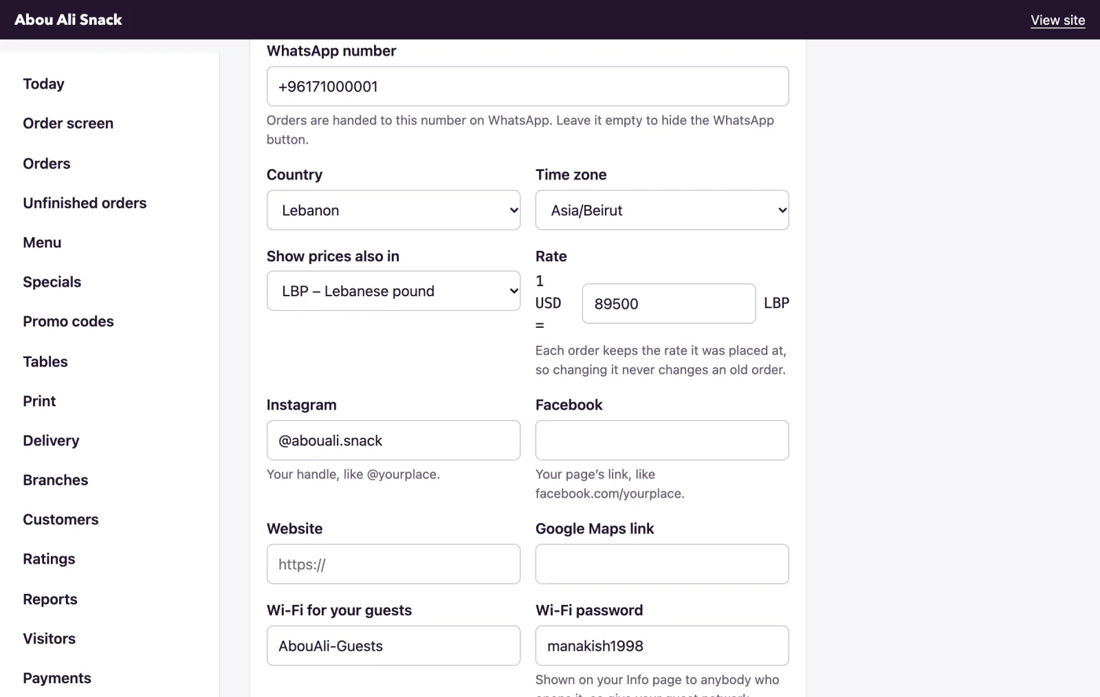 The WhatsApp number is on the Your business tab of Settings.