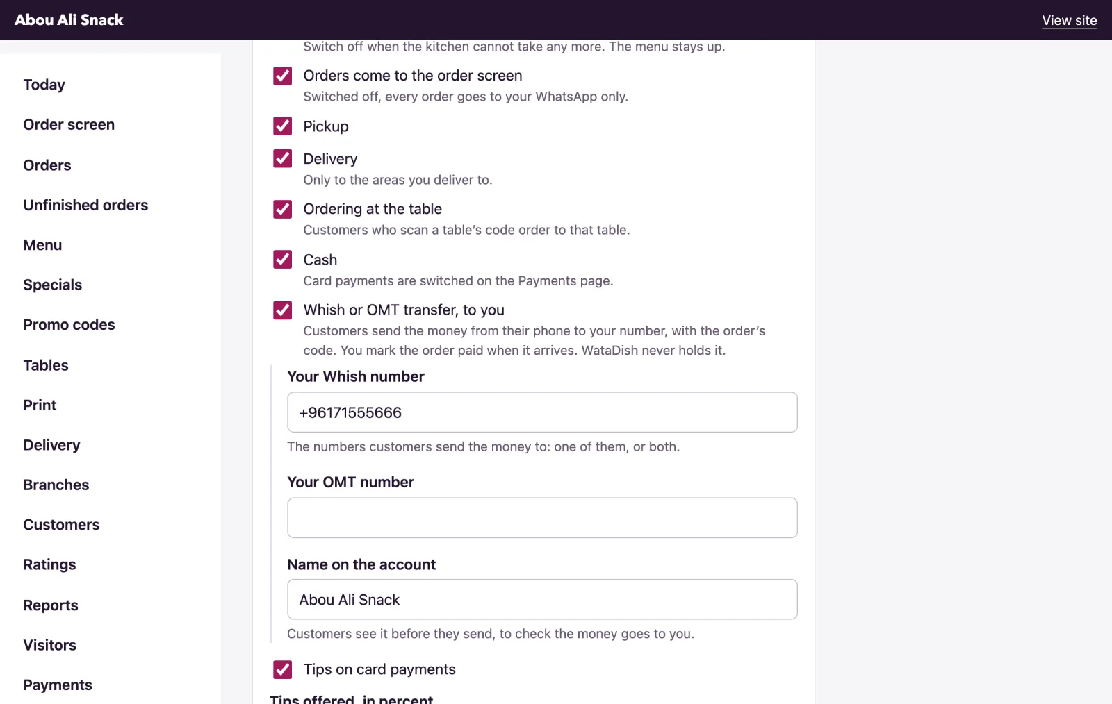 The switch on the Ordering tab sends orders to WhatsApp only.