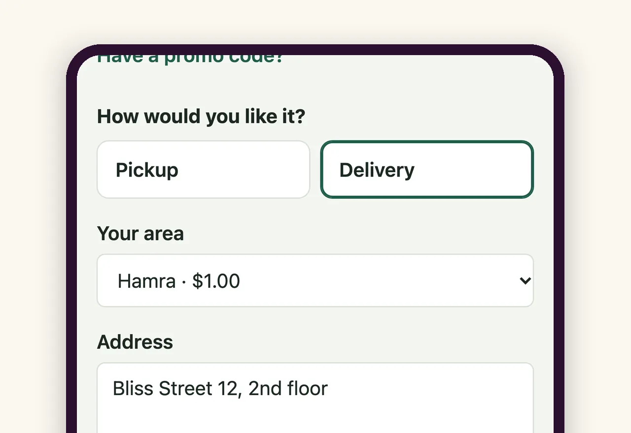 A phone showing an order for delivery on a restaurant’s site